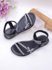 Rhinestone Bow Decor Girls Sandals, Black Minimalist Style With Elastic Strap, Fashionable Princess Shoes