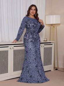 hezixi Plus Size Elegant Party Sequin Embroidery Long Dress