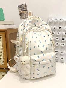 Mochila de mujer con estampado de rosa de moda, con múltiples compartimentos y bolsillos, mochila gruesa de estudiante, mochila impermeable, con accesorio colgante de oso de peluche, gran capacidad - Multicolor - Ver 1