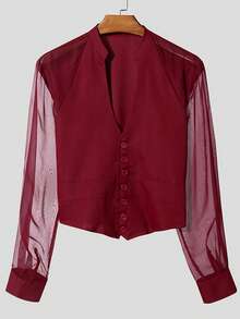 INCERUN Fashion Men Deep V-Neck Buttons Long Sleeve Mesh Sheer Patchwork Casual Tops Party Club Shirt Blouse - 紅色 - 查看 3