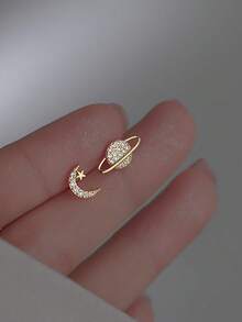 1 Pair Fashionable Versatile Asymmetric Planet & Moon Earrings, Suitable For Daily Wear And Party Outfits, Best Gift For Women, Exquisite Jewelry Present - Planet Moon Earrings - View 5