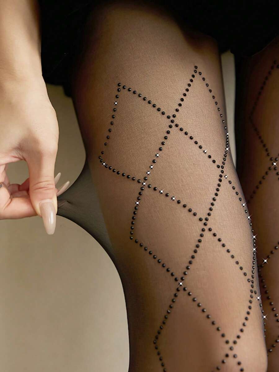 1条女士钻石图案水钻装饰黑色连裤袜，适合搭配裙子，舒适保暖 - 黑色 - 查看 1