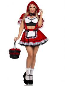 Maid Outfit Anime Cosplay Costume French Apron Fancy Lace Trim Dress For Women Halloween Role-Play Party - 紅色 - 查看 8