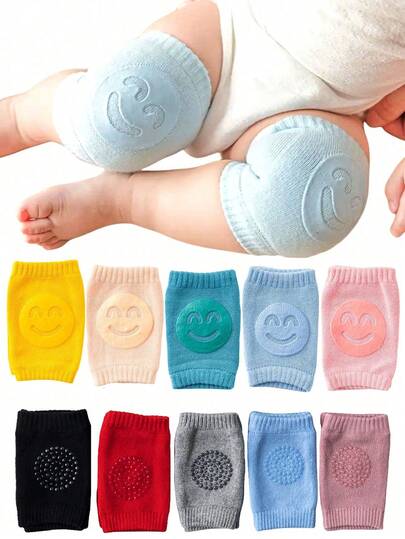 5pcs Kid Baby Knee Elbow Pads Anti-Slip Crawling Knee Pads Smiling Face Warm Knee Pads Solid Color Knee Pads