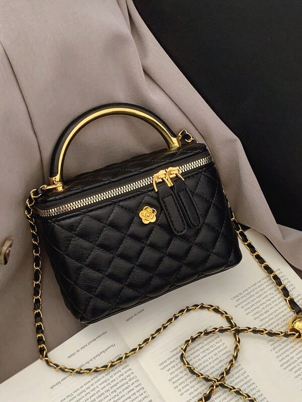 1 Borsetta nera casual e versatile, a mano, di piccole dimensioni, in tessuto plaid ricamato alla moda, adatta per riporre telefono cellulare, rossetto e altri piccoli oggetti, borsa a spalla mini con catena a maglia a forma di diamante, borsa portatrucchi