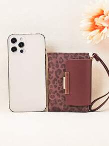 Carteira curta feminina patchwork com cores contrastantes, bolsa porta-cartões multifuncional com estampa de leopardo, elegante porta-moedas com zíper de grande capacidade e fecho de pressão para jovens estudantes, leve, estilosa e prática para transporte, adequada como presente de Natal