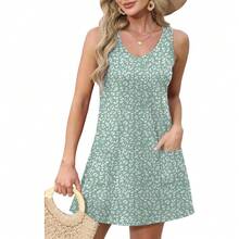 OFEEFAN Womens Summer Dresses 2025 V Neck Sleeveless Sundresses With Pockets Beach Vacation Clothes Floral/Plain - 花卉 11 - 查看 2
