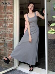 [Y6Y] 女士无袖方领A字连衣裙，春夏法式休闲优雅收腰长裙