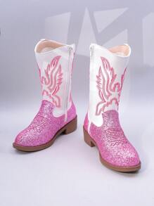 1 Pair Kids Boots, Pink Sequined Embroidered Western Cowboy Boots, Mid-Calf Zipper, Chunky Heel, Suitable For Daily And Holiday Wear