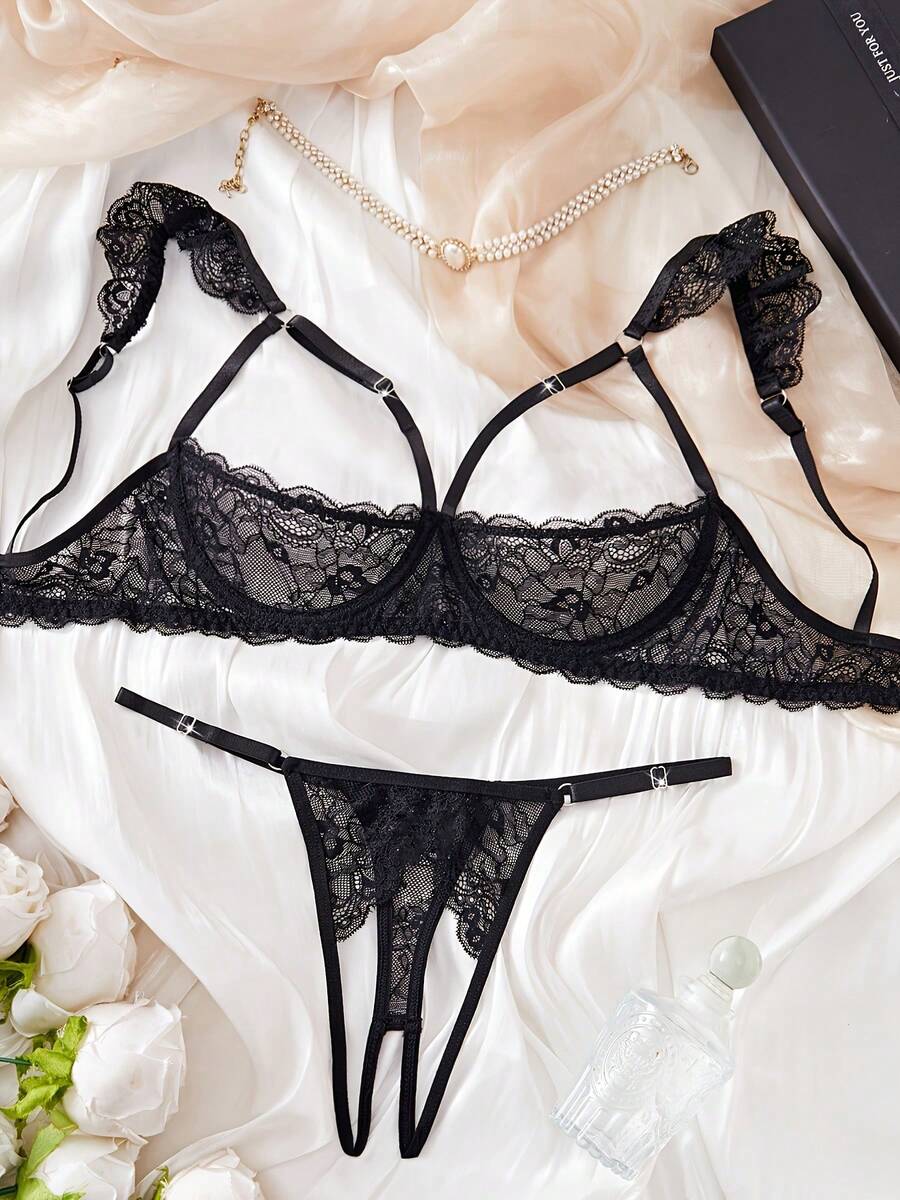 Sexy Women's Black Lace Half-Cup Bra Comfy Lingerie Set For Rave - Black - View 1