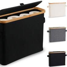 Bamboo Toilet Paper Storage Holder With Lid - Collapsible Organizer Basket For Bathroom RV Closet, Waterproof Oxford Canvas Holds 12 Regular Rolls, Freestanding Cabinet With Handle, Dustproof Cat-Proof Tissue Box, Easy No Tools Assembly, Compact Space Saving Storage Solution Back To School