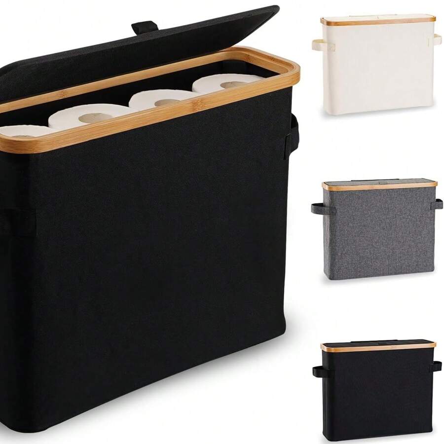 Bamboo Toilet Paper Storage Holder With Lid - Collapsible Organizer Basket For Bathroom RV Closet, Waterproof Oxford Canvas Holds 12 Regular Rolls, Freestanding Cabinet With Handle, Dustproof Cat-Proof Tissue Box, Easy No Tools Assembly, Compact Space Saving Storage Solution Back To School