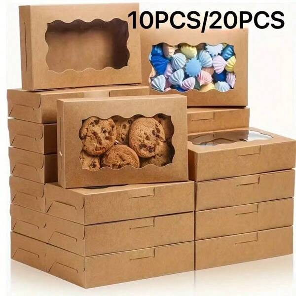 10/20pcs Brown Kraft Paper Cookie Box With Clear Window, Bakery Box, Premium Small Paper Gift Box For Pastry, Dessert, Candy Packaging, Wedding, Party, Christmas, Birthday