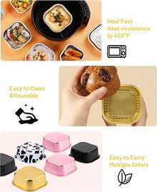 Moldes de papel de aluminio pequeños cuadrados para hornear, 50 unidades, charola desechable con tapa, contenedor para cupcakes, brownies, pasteles de queso, color dorado - Negro - - Ver 11
