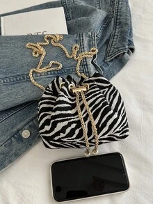 时尚撞色条纹印花链条装饰迷你水桶斜挎包 - 黑與白 - 查看 7