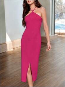Vestido Largo Casual Escote en V y Tirantes Cruzados con Abertura en Pierna para Mujer - Rosa Neón - Ver 1