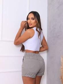 Traditional Denim Shorts With Elastic Waistband - Grey - View 3