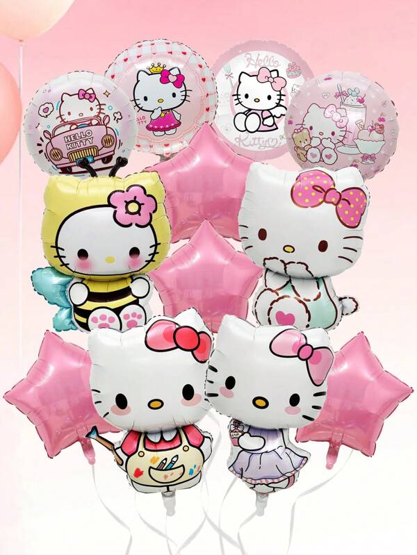 Sanrio Conjunto de 12 balões de filme de alumínio rosa da Hello Kitty Sanrio, novos balões de filme de alumínio com imagem da Hello Kitty, balões de filme de alumínio em formato de desenho animado, decorações para festas de aniversário, balões de filme de alumínio de 18 polegadas, adequados para decorações de festas em diversas ocasiões