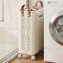 Large & Medium Foldable Ceramic White Laundry Baskets - Pu Leather, Hand Washable, Solid Color, Multi-Functional Portable Dirty Clothes Hamper With Wheels For Bathroom & Balcony Storage - 白色 - 查看 7