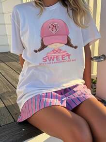1 pieza Camiseta informal de manga corta y cuello redondo estampada para niñas, prenda de vestir juvenil de verano - Camiseta con estilo de letra en inglés minimalista que inspira la imaginación y la autoexpresión