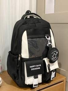 大容量防水 PVC 透明双口袋扣背包，适合女士，便携式多口袋学院风学生书包，带小圆包，适合上学、通勤、旅行、返校季