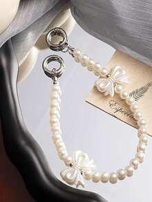 珍珠串珠手机挂绳，配蝴蝶结吊坠，设计优雅的手机腕带 - 白色 - 查看 2