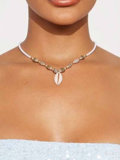 2pcs Colorful Beaded Seashell & Starfish Handmade Necklace, Tropical Natural Shell Pendant Choker, Fashionable Ocean Style Jewelry For Women, Suitable For Beach, Party And Daily Wear (Shell Bead Colors Random)