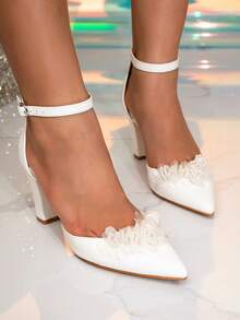 女士尖头高跟鞋、闪亮珍珠蝴蝶褶饰镂空高跟鞋、秋季纯白色粗跟正装凉鞋、时尚办公鞋、纯色舒适派对高跟鞋、婚鞋