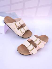 1 Pair Unisex Teenagers/Couples Metal Buckle Comfortable Flat Open Toe Sandals, Fashionable For Daily Wear - Beige - View 6