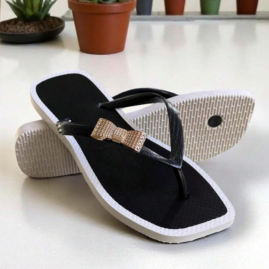 Women's Flip Flops With Cute Bow - màu đen - Xem 1