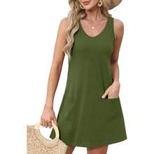 OFEEFAN Womens Summer Dresses 2025 V Neck Sleeveless Sundresses With Pockets Beach Vacation Clothes Floral/Plain - B Plain Green - 查看 2