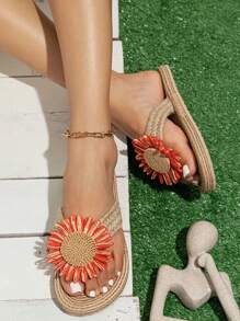 Chanclas de mujer de estilo moda con cuerda de paja, sandalias de playa bohemias cómodas de verano con girasol trenzado, suela blanda EVA, tipo chanclas para uso casual y en casa en vacaciones