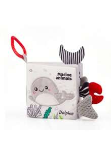 1pc Black & White & Grey Sea Animals Printed Fabric Book, Sponge Filling Soft Touch Baby Book, Suitable For Ages 0-6 Months, 3d High Contrast Soft Cloth Book, Washable Infant Early Educational Book