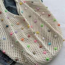 Summer Commuting Woven Bag For Women Single Armpit Bag, Fashion Large Capacity Tote Bag, Beach Pearl Hollow Handbag Shoulder Bag