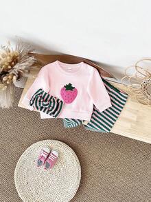 3pcs/Set Baby Girl Clothes, Includes Pink Strawberry Embroidered Sweatshirt, Striped Stretch Pants And Headband, Suitable For Spring And Autumn - Pink - View 4