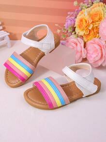 1 Pair Of Children's Fashionable And Cute Neutral Rainbow Colored Comfortable Flat Sandals, Suitable For Summer Baby Girls To Go On Vacation, Beach, Family Gatherings, And Wear