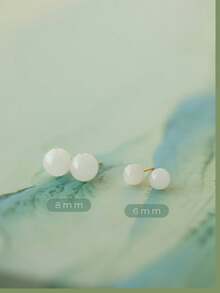 一对 6-8 毫米圆形翡翠和 S925 耳钉优雅迷人耳环，适合女士珠宝日常生活或派对 - 簡約時尚 - 查看 6