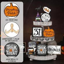 Zestaw 16-częściowych dekoracji na tace na Halloween, zawiera kreatywną ramkę z dyni, pajęczą sieć, drewniane znaki nietoperza, dekoracje na tace w stylu wiejskim do domu, kuchni, na imprezę halloweenową (koraliki nie są dołączone)