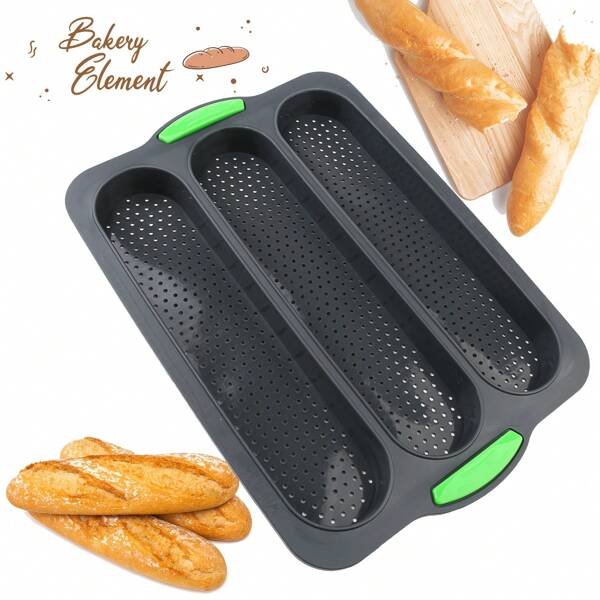 1 Stück Silikon Brotbackform für Laib & Baguette - 3 Fächer antihaftbeschichtet perforierte Backform für leichtes Herausnehmen, Küchengeschirr