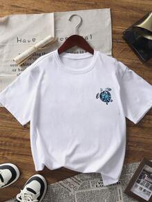 1 pieza Camiseta de manga corta de verano con gráfico de tortuga marina tropical para niñas preadolescentes, top casual ideal para jugar en la playa - Blanco - Ver 5