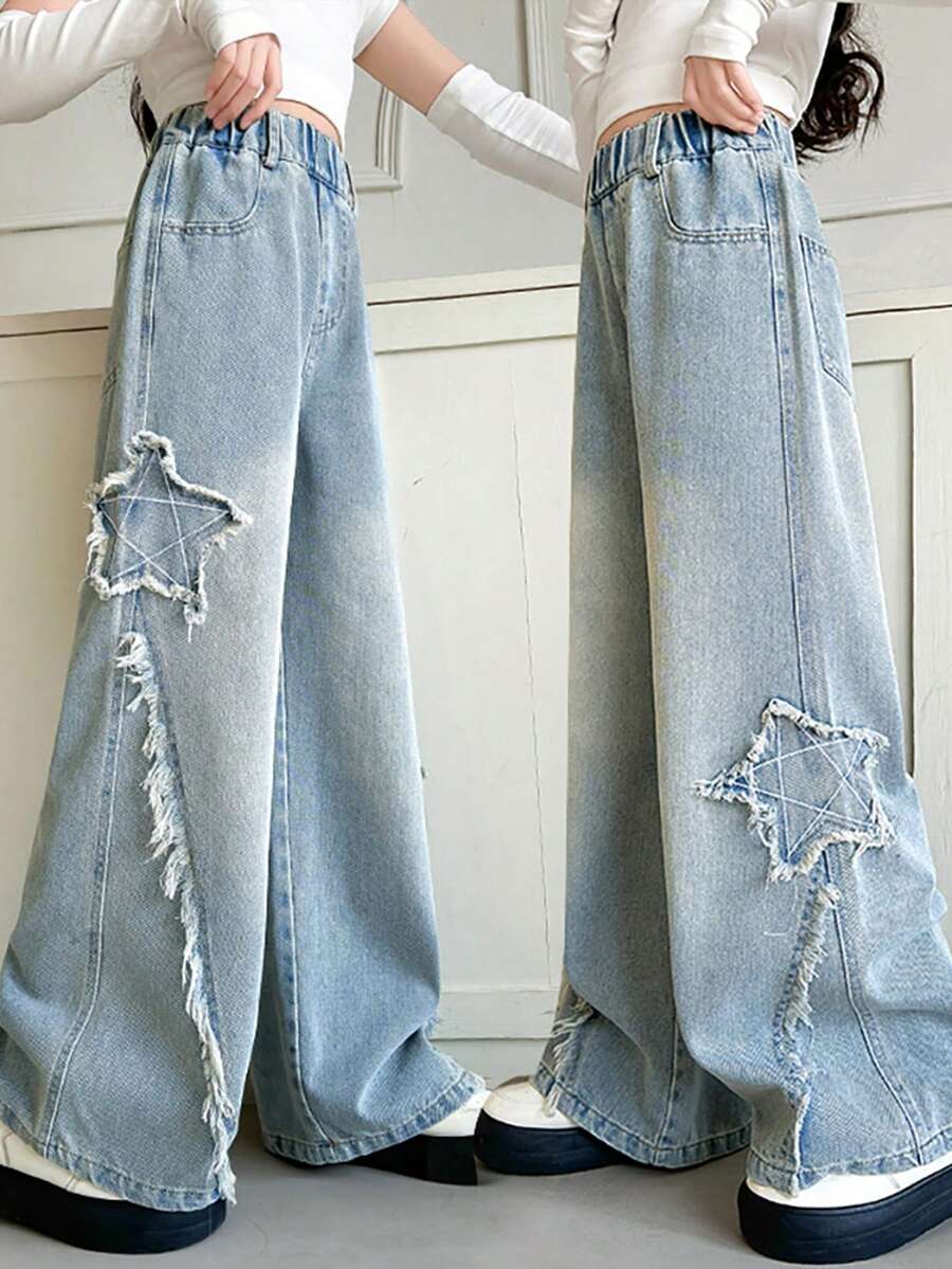 Tween 女童星星刺绣磨边口袋阔腿牛仔裤 - 藍色 - 查看 1