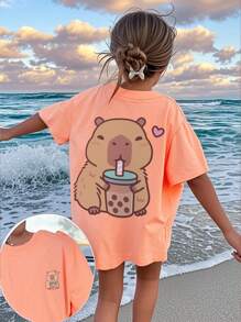Camiseta de manga corta de cuello redondo con estampado naranja para niñas y adolescentes estudiantes, parte superior de verano informal