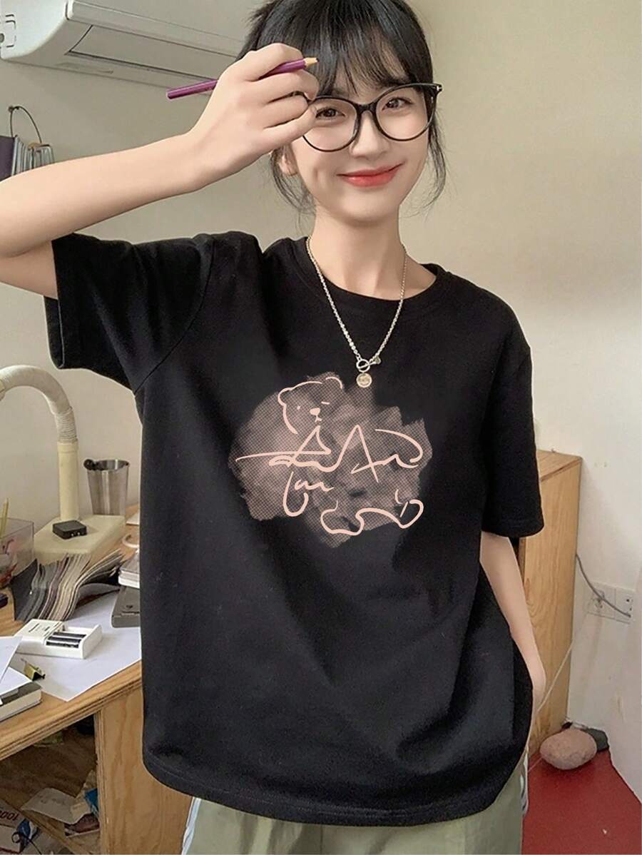 [New For Summer 2025] 100% Cotton Women's T-Shirt, Short Sleeves, Holiday Pattern, Casual, Crew Neck, Recommended For Matching Outfits, Tops - 黑色 - 查看 1