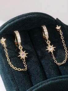 14K Gold Plated Bohemian Style Chain Earrings For Women, Double Pierced Drop Earrings With CZ Stud, Vintage Fashion Clip On Earrings, Suitable Year-Round Gift - Gold - View 2