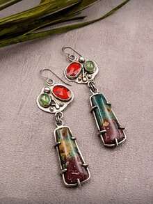 2 件复古几何彩色珐琅耳环，独特的女士耳环配饰 - 彩色 - 查看 4