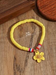 1 件时尚弹性彩色软粘土合金花卉脚链，适合海滩、度假和休闲穿着 - 黃色 - 查看 5