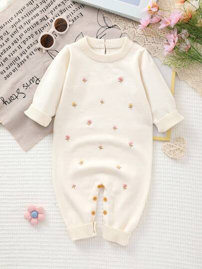 女婴休闲针织圆领花卉刺绣连体裤，秋冬