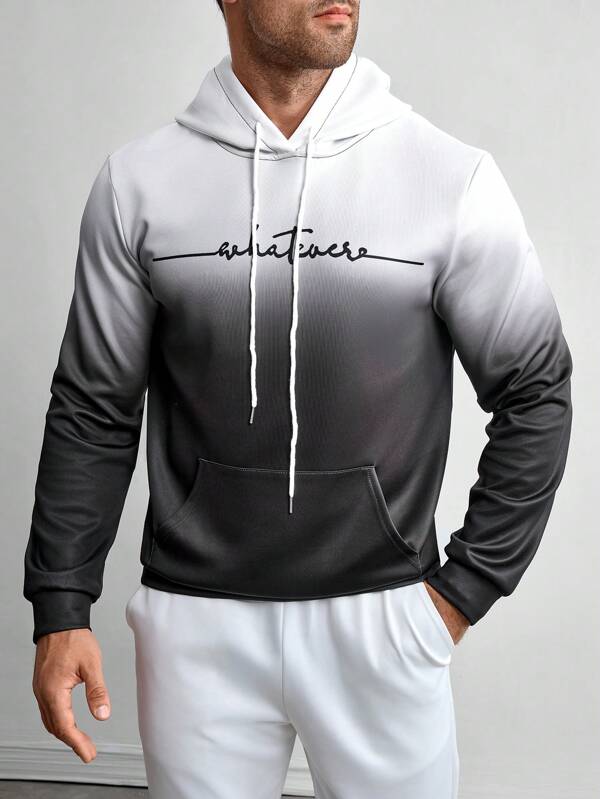 Drawstring Hoodie, Men Street Rock Fashion Casual Black & White Gradient 3D Digital Letter Print Hoodie Sweatshirt, Spring