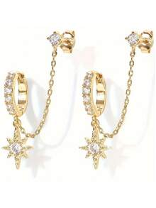 14K Gold Plated Bohemian Style Chain Earrings For Women, Double Pierced Drop Earrings With CZ Stud, Vintage Fashion Clip On Earrings, Suitable Year-Round Gift - Gold - View 1