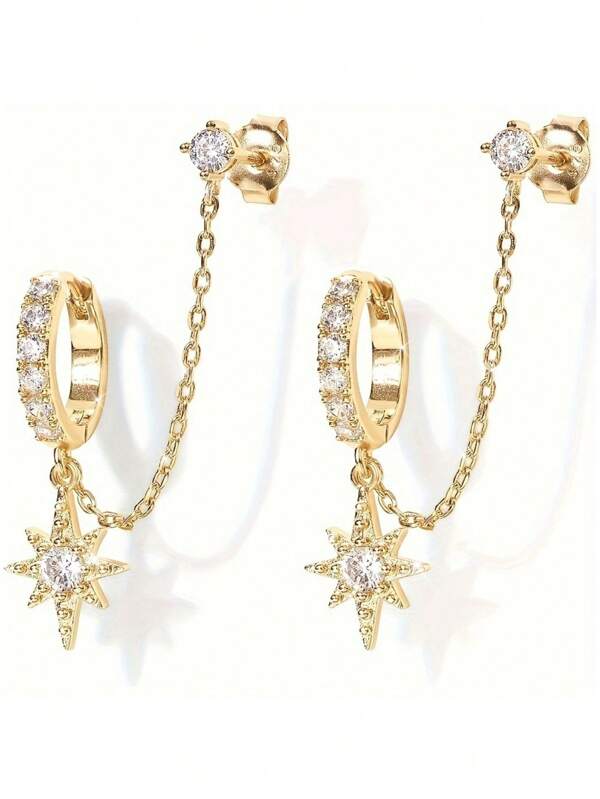 14K Gold Plated Bohemian Style Chain Earrings For Women, Double Pierced Drop Earrings With CZ Stud, Vintage Fashion Clip On Earrings, Suitable Year-Round Gift